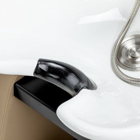 Omega Aqualina beige hairdressing wash unit with basin and adjustable headrest for professional salon use.
