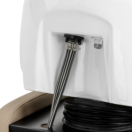 Beige Omega Aqualina hairdressing wash unit with a built-in sink and chair for professional salon use.