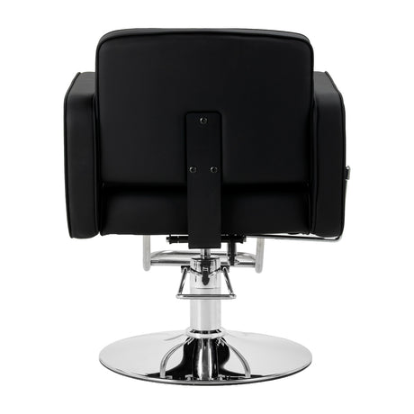 Black Omega Andromeda hairdressing chair with adjustable height and cushioned seat, featuring modern styling and sturdy armrests.