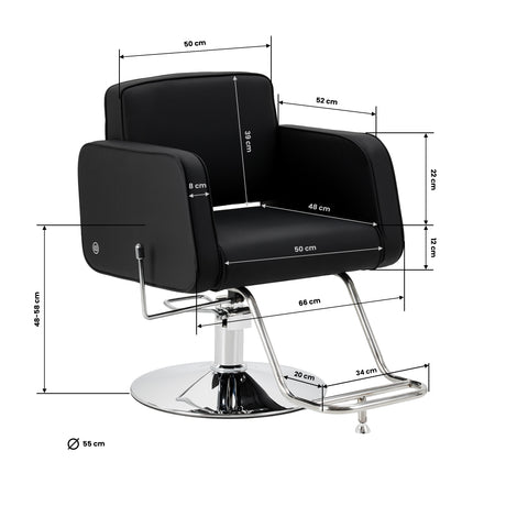 Black Omega Andromeda hairdressing chair with padded seat and adjustable headrest, featuring modern styling and sturdy design.