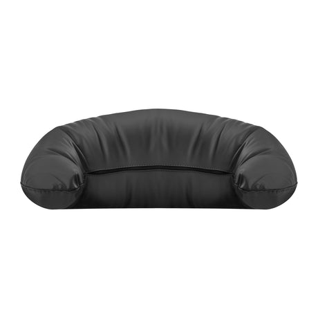 Omega black headrest for hairdressing wash unit, cushioned and adjustable for client comfort during hair treatments.