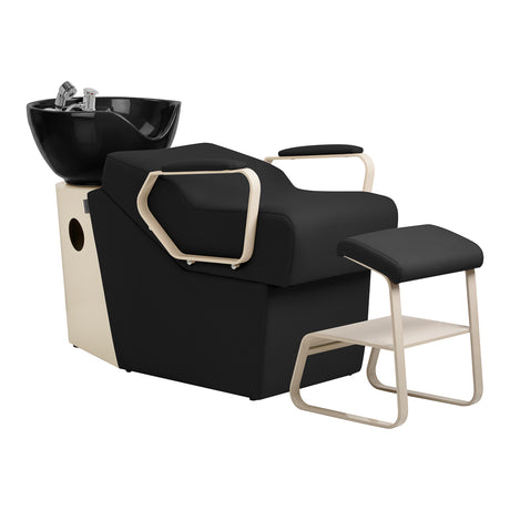 Omega Marina black hairdressing wash unit with a sleek black basin and ergonomic design for professional salon use.