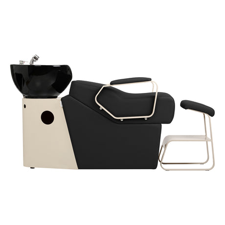 Omega Marina Black hairdressing wash unit with sink and chair for salon styling and client hair washing.