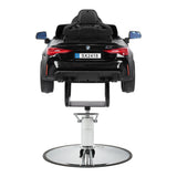 Black kids salon chair with steering wheel and seatbelts