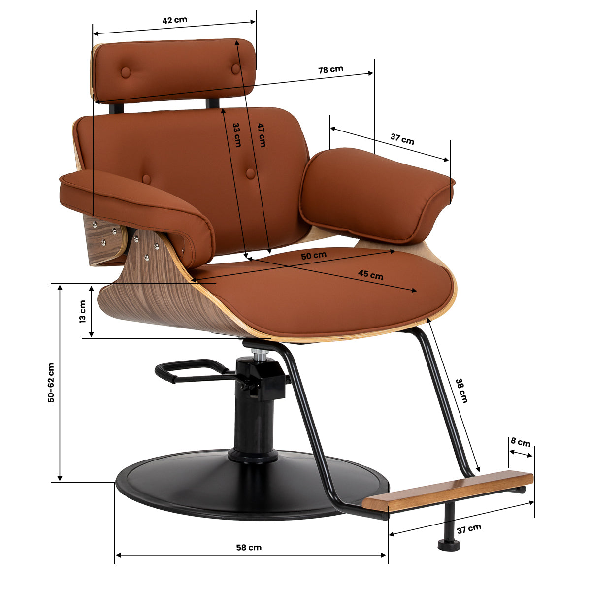 Gabbiano Florencja brown hairdressing chair technical dimensions