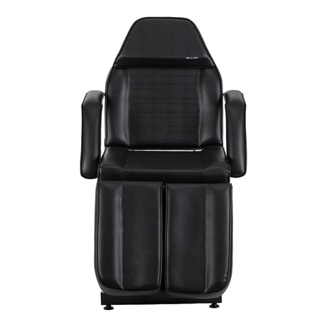 Black salon chair with hydraulic height adjustment