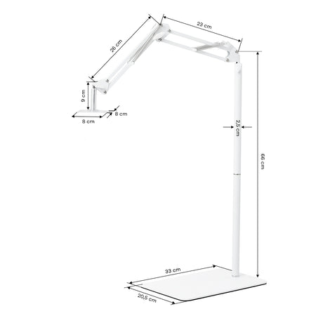 GLOW support réglable pour lampe UV/LED de pédicure – Blanc; schéma coté, base de 33 × 20,5 cm