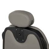 Gabbiano Francesco grey barber chair with black base, barbershop furniture featuring plush upholstery and adjustable height.