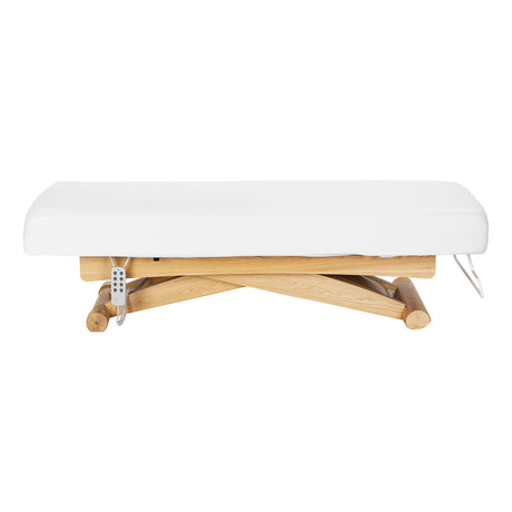 Sillon Siesta Table SPA Électrique – Blanche, Base Brun Clair · Vue de côté