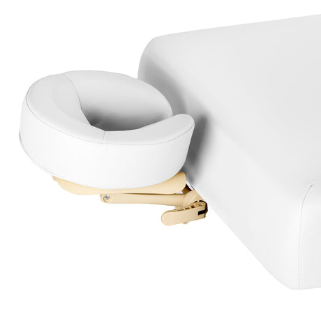 Sillon Siesta Table SPA Électrique – Blanche, Base Brun Clair · Appui-tête en anneau