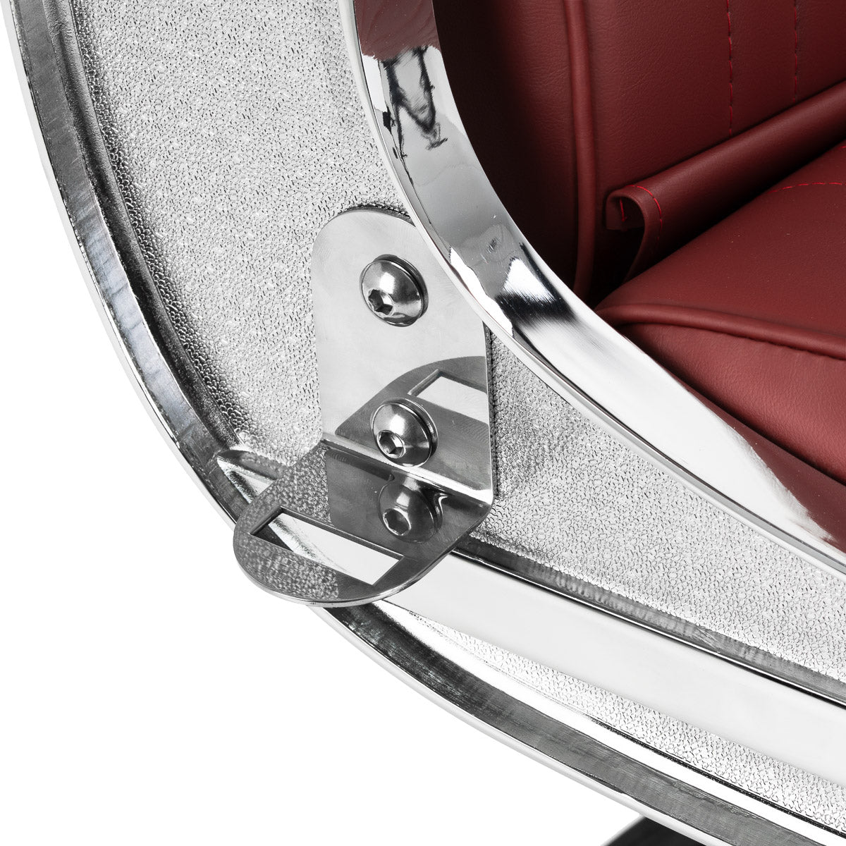 Gabbiano Visionerio+ fauteuil de barbier hydraulique – Rouge, cadre chromé; détail de la charnière du dossier