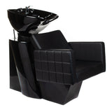 Beauty System Ernesto black hair washing station with sink and chair for salon use, featuring sleek black design and comfortable seating.