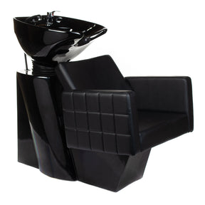 Beauty System Ernesto black hair washing station with sink and chair for salon use, featuring sleek black design and comfortable seating.