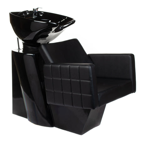 Beauty System Ernesto black hair washing station with sink and chair for salon use, featuring sleek black design and comfortable seating.