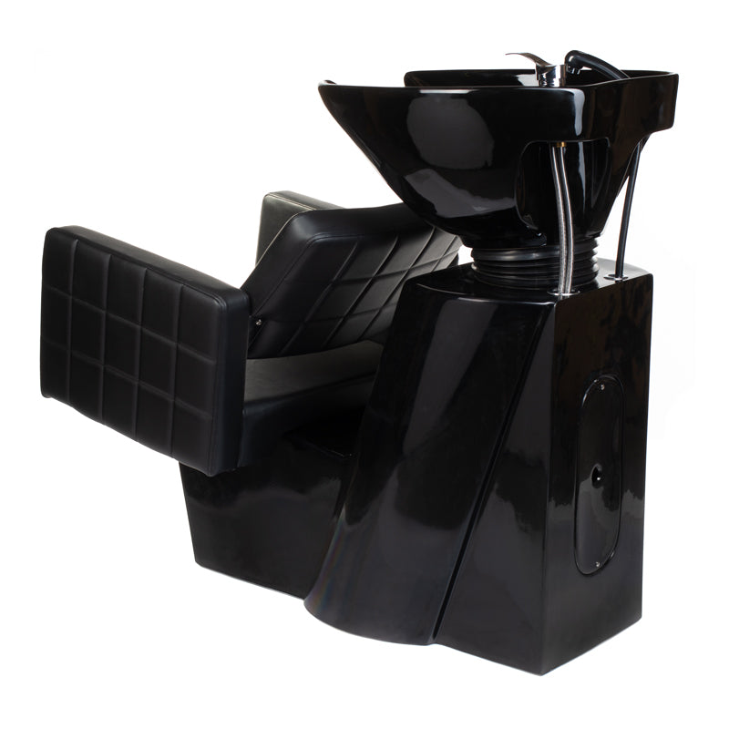 Beauty System Ernesto black hair washing station with sink and chair for salon use, featuring a sleek modern design.