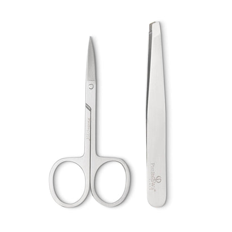 PhiBrows Stainless Steel Scissors & Tweezers on a light background