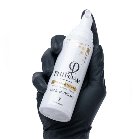 PhiAcademy Phi Foam Cleansing Foam 150ml — 150ml foam bottle held in a gloved hand