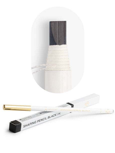 PhiAcademy Shaping Pencil Black — black flat-tip pencil with cap and a close-up of the drawing edge