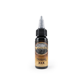 Panthera Tribal XXX Black 30ml bottle, REACH approved, featuring a sleek black design with tribal artwork, for grooming or styling.