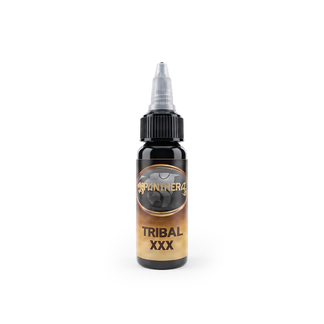 Panthera Tribal XXX Black 30ml bottle, REACH approved, featuring a sleek black design with tribal artwork, for grooming or styling.