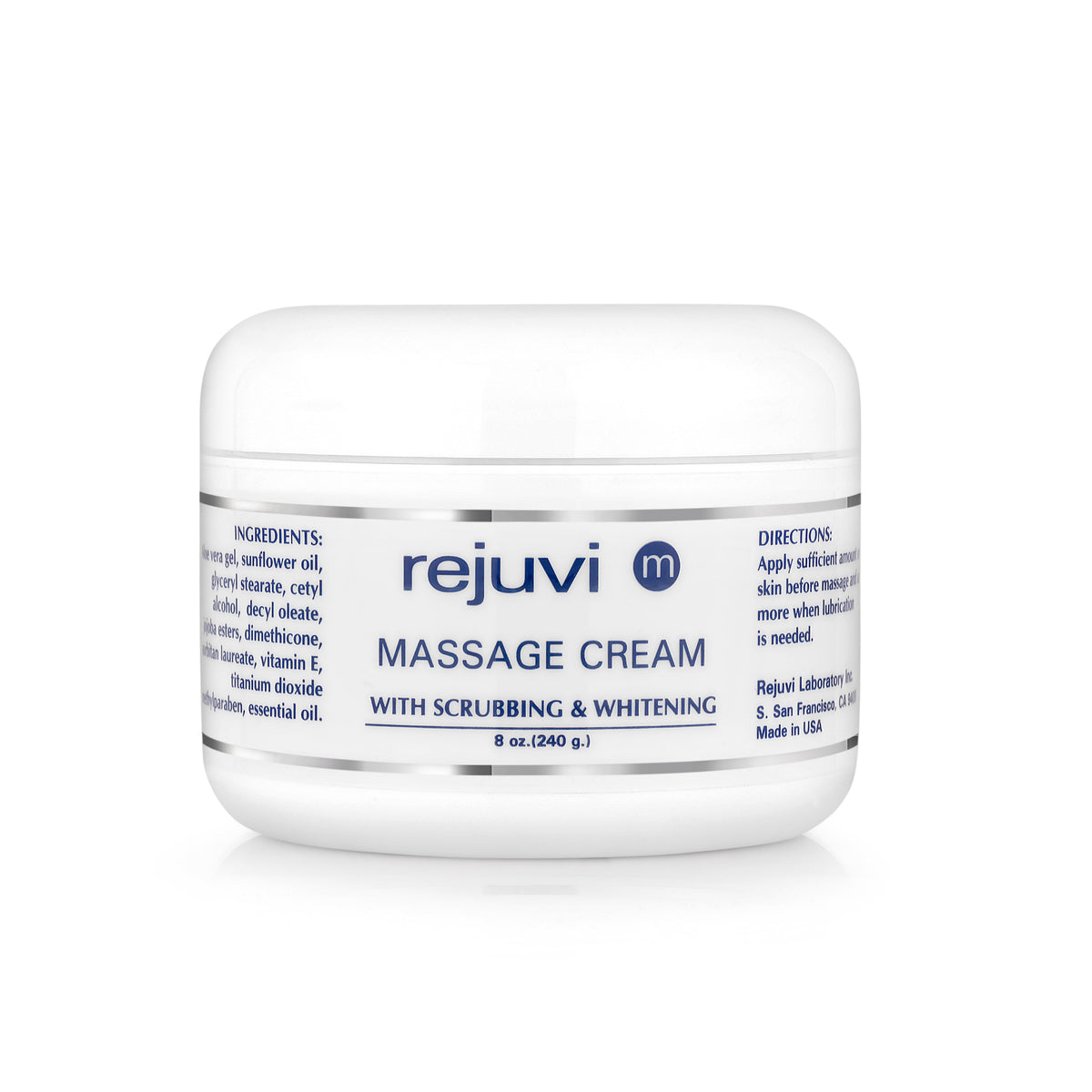 Rejuvi m Crème De Massage Gommante 240g – Pot, étiquette avant