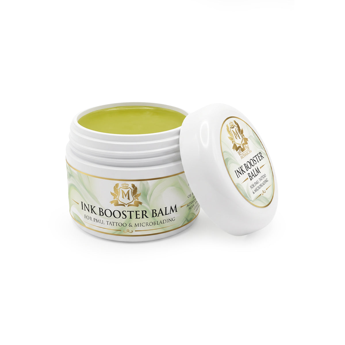 Skin Monarch Ink Booster Balm 30ml, pot ouvert avec baume jaune et couvercle
