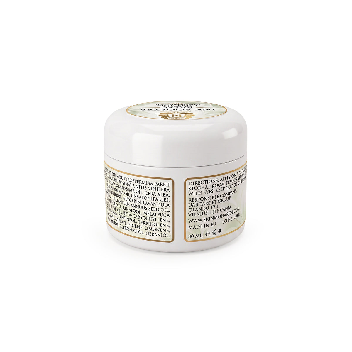 Skin Monarch Ink Booster Balm 30ml, étiquette arrière avec ingrédients et mode d'emploi