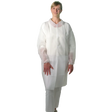 Disposable dressing gown with Velcro strip in XXL size by UNIGLOVES, shown in white with open front and long sleeves.