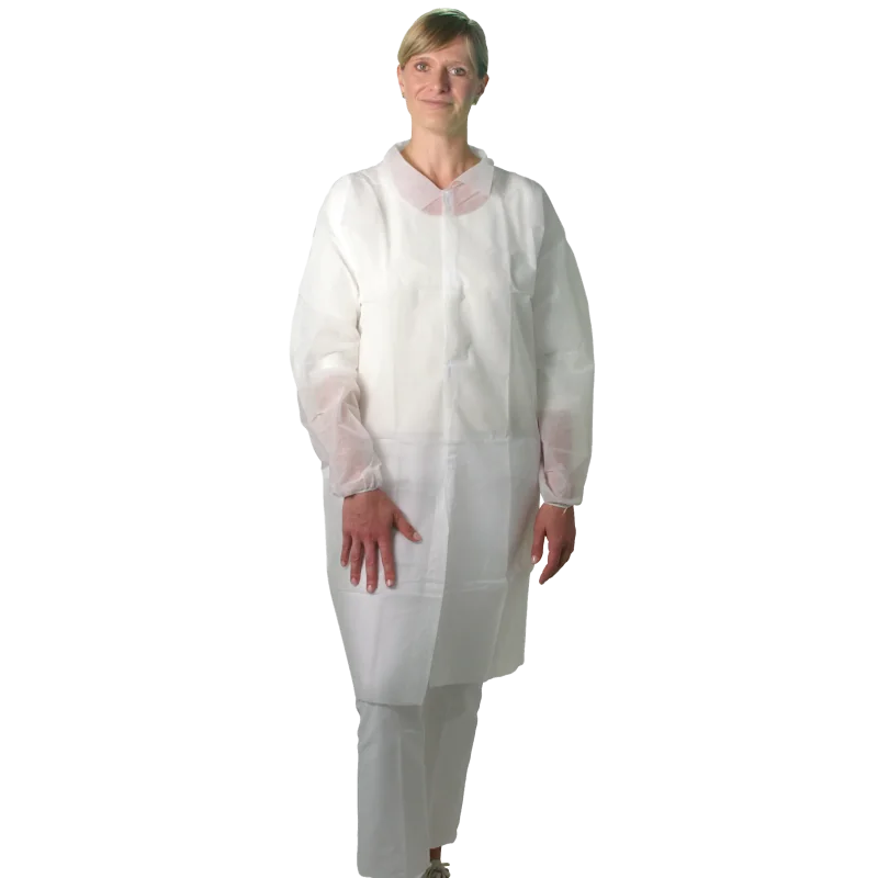 Disposable dressing gown with Velcro strip in XXL size by UNIGLOVES, shown in white with open front and long sleeves.