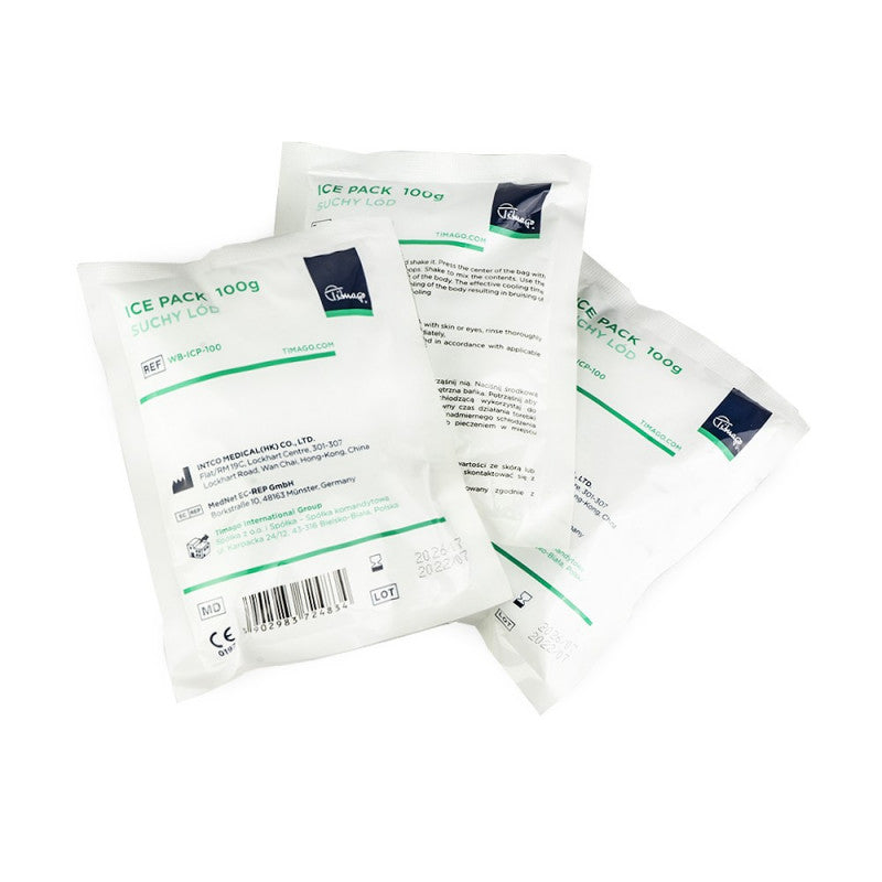 Dry ice cold compress for laser treatments by Timago, 100g, showing a compact cold pack used for soothing skin after laser procedures.