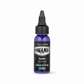 Flacon d’encre de tatouage Dynamic Platinum Purple 30ml sur fond blanc avec une ombre douce et naturelle