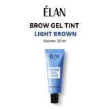 Elan Brow Gel Tint in Light Brown, 20ml, showing the product tube with the tinted gel inside and a natural brow finish