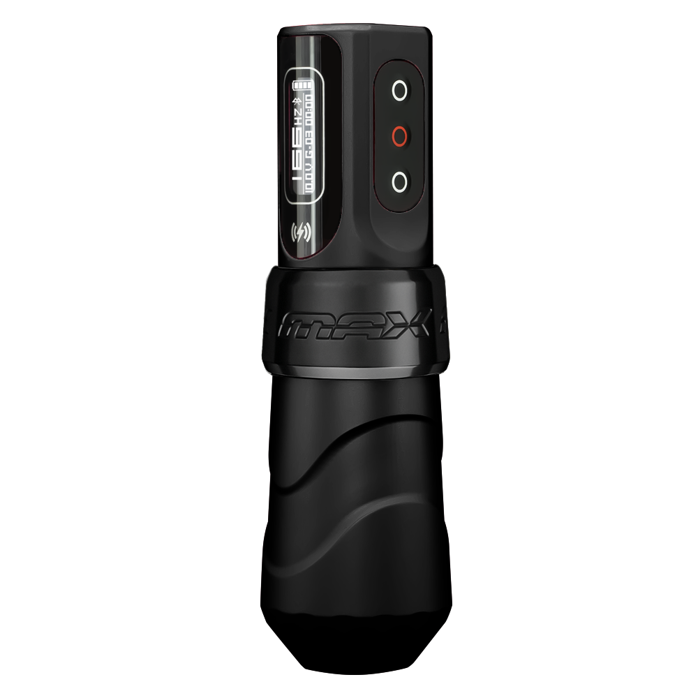 FK Irons Flux Max Black Ops wireless tattoo machine angled control view