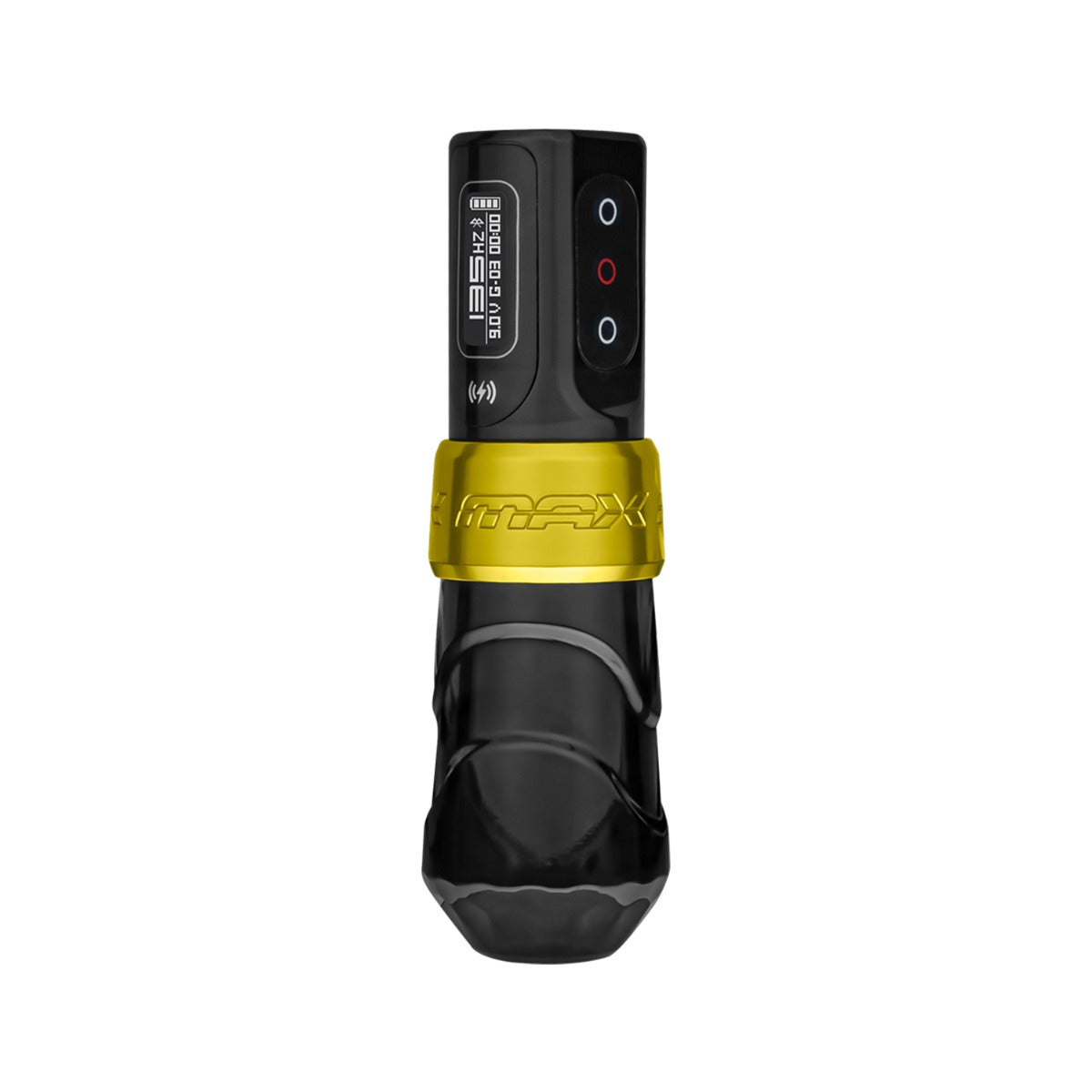 FK Irons Flux Max Gold/Stealth tattoo machine angled view