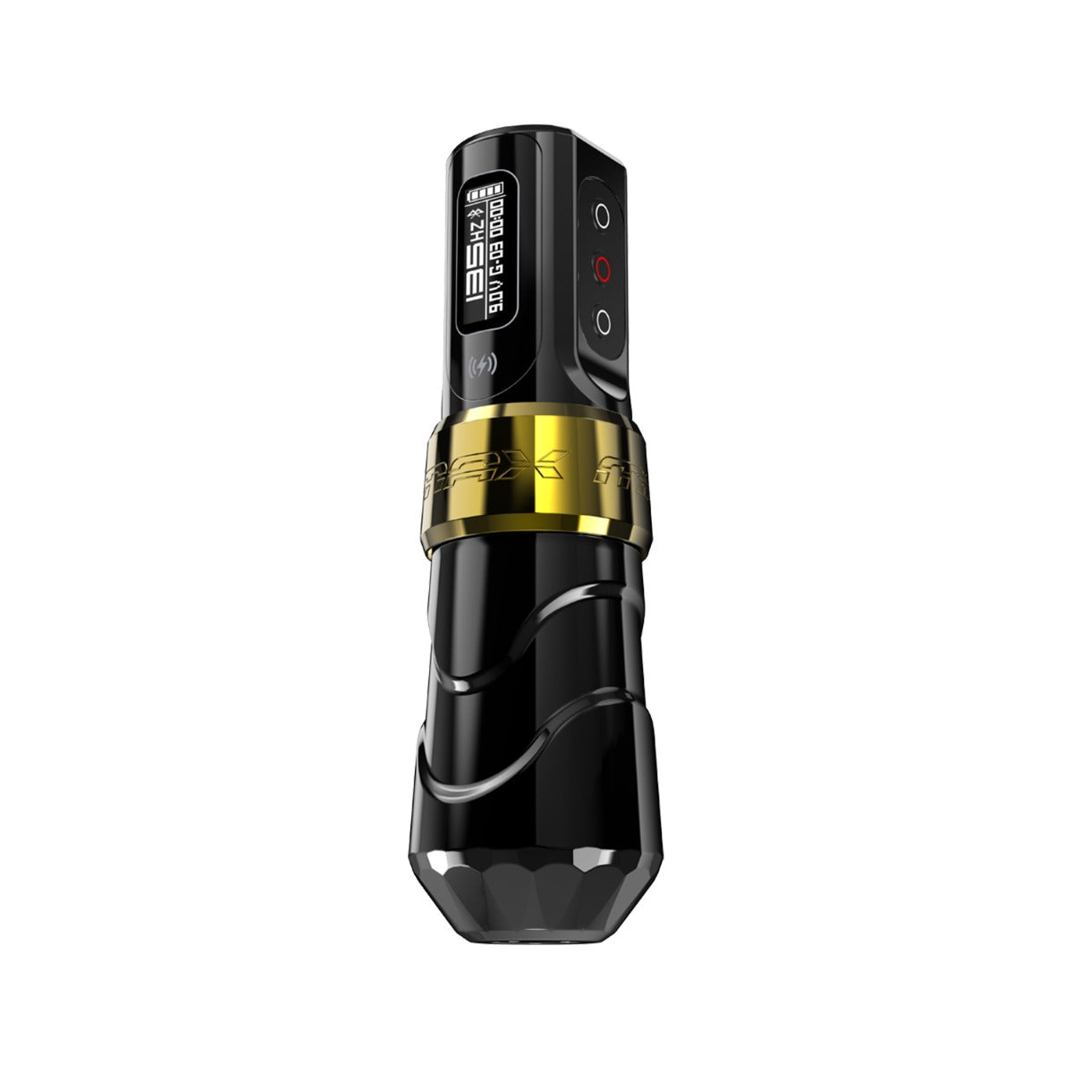FK Irons Flux Max Gold/Stealth tattoo machine detail view