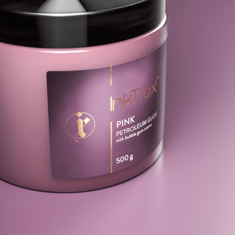 Pink Bubblegum InkTrox GLIDE 500g bottle with label visible, showcasing vibrant pink color and product branding.