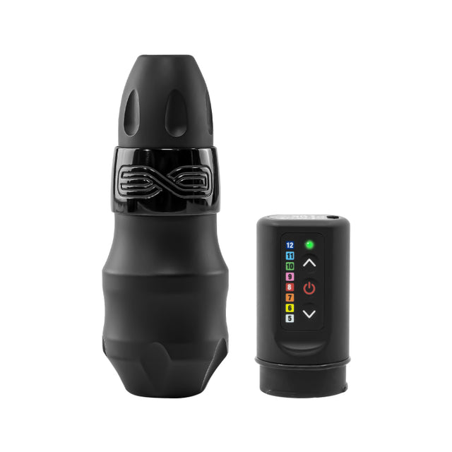FK Irons EXO Black Ops tattoo machine with RCA Bolt and two PowerBolt batteries