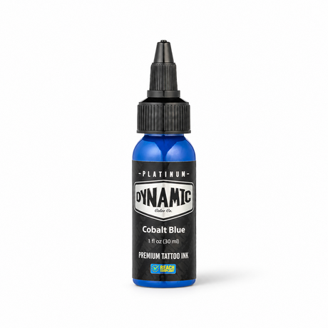Platinum By Dynamic Tattoo Ink Cobalt Blue 30ml bottle on a white background with a natural shadow