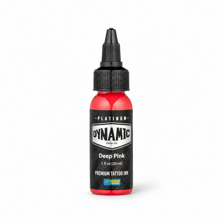 Platinum By Dynamic Tattoo Ink Deep Pink 30ml bottle on a white background with a natural shadow