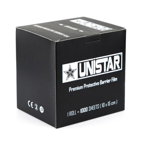 Unistar transparent self-adhesive protective film roll with 10x15cm sheets, shown in a large batch of 1000 pieces.