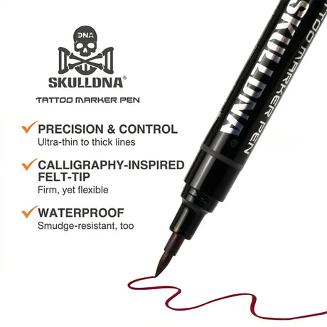 Skull DNA dual-ended skin marker in red and blue ink with skull-themed design, ideal for body art and temporary tattoos.