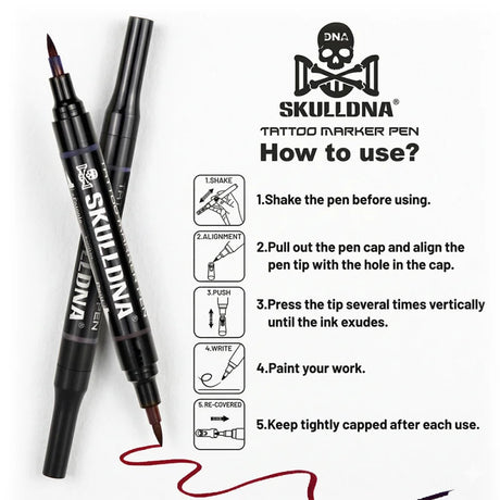 Skull DNA dual-ended skin marker in red and blue with a skull design, used for temporary body art or tattoo stencil marking.