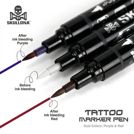 Skull DNA dual-ended skin marker with red and blue ink, featuring a skull design on a white background.