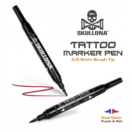 Skull DNA dual-ended skin marker with red and blue ink for temporary skin markings and body art applications.