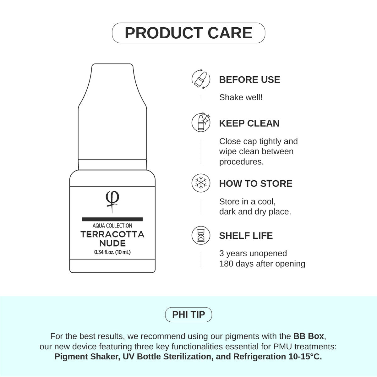 PhiAcademy PMU Aqua Terracotta Nude Pigment 10ml — product care and storage