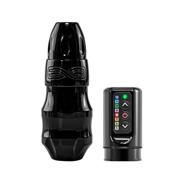 FK Irons EXO Stealth tattoo machine with RCA Bolt and two PowerBolt batteries