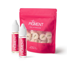 The Pigment Aftercare Bundle includes skincare products with branding, designed for tattoo or pigment aftercare.